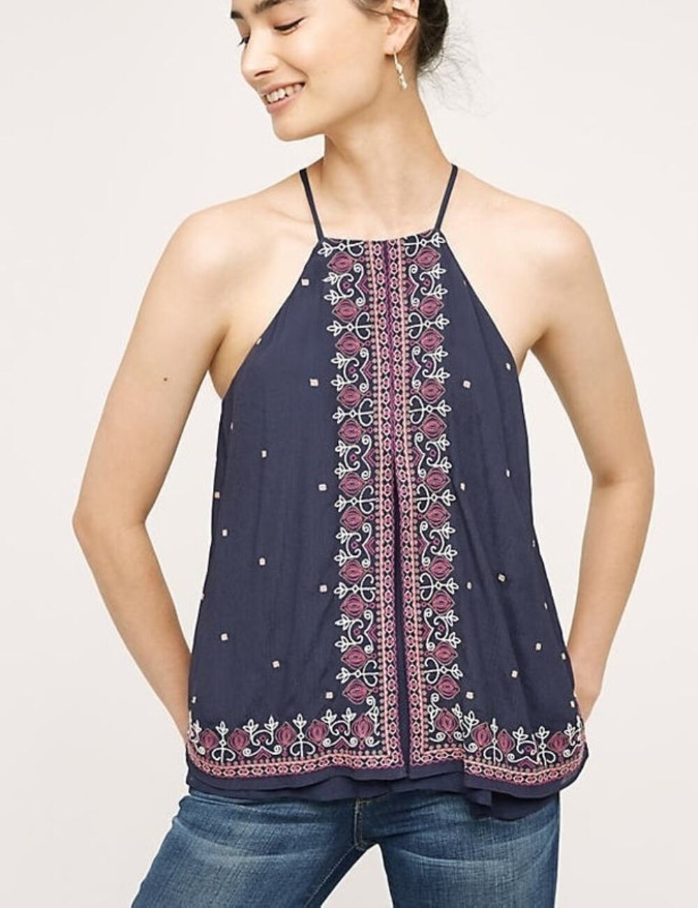 Anthropologie Floreat Navy Midnight Flower Embroidery Swing Boho Tank Top 6
